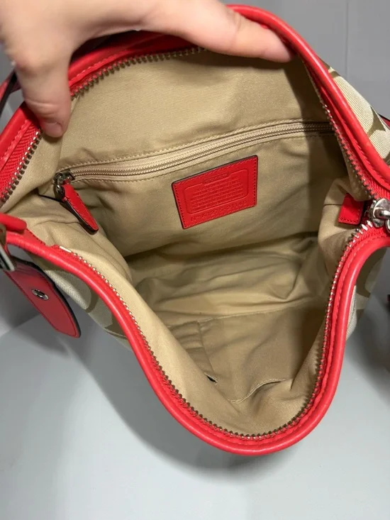 Coach Signature Canvas Red Leather Trim Large Shoulder Bag Hobo Tassel - Picture 9 of 16